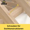 A close-up view of wooden roof beams with a yellow screw inserted, showing construction details. Produktbild-Vorschau