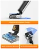 A collage of images showcasing features of a wet and dry vacuum cleaner, including its flexible design, low-positioned water tank, and a swiveling brush head. Produktbild-Vorschau