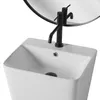 A close-up view of a white pedestal sink with a black faucet and a round mirror in the background. Produktbild-Vorschau