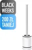 A white tower fan with promotional text overlays. Podgląd zdjęcia produktu