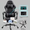 A black gaming chair with various features highlighted by text and diagrams. Produktbild-Vorschau