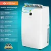 A white mobile air conditioner unit is shown with marketing text and specifications on the left side. Produktbild-Vorschau