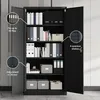 An open black metal filing cabinet filled with files and boxes, with callouts highlighting features. Voir les images du produit