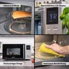A collage of four images showcasing different features of a microwave oven. Produktbild-Vorschau