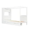 A white wooden canopy bed with integrated shelving and drawers, shown from a side angle against a white background. Produktbild-Vorschau