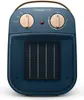 A blue ceramic heater with beige controls and a handle, shown from the front. Voir les images du produit