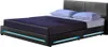 A black upholstered bed frame with blue LED lighting around the base and two light blue pillows on the mattress. Anteprima dell’immagine prodotto