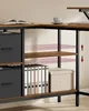 Close-up view of a corner desk with shelves and storage drawers, showing office supplies like binders and a box. Náhled obrázku produktu