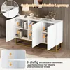A white sideboard with gold legs, shown with its doors open to reveal shelves and books. Dimensions and adjustment options are highlighted with text and arrows. Anteprima dell’immagine prodotto