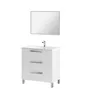 A white bathroom vanity with a mirror above it, set against a white background. Produktbild-Vorschau