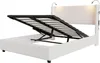 A white upholstered bed frame with its hydraulic lift mechanism open, revealing the slatted base and storage space underneath. The headboard has two integrated reading lights. Náhľad obrázku produktu