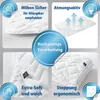 A collage of images showcasing a white quilted blanket with various features highlighted by text overlays and icons. Produktbild-Vorschau