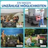 A collage of four images showing a foldable wagon being used in different scenarios: camping, everyday use, leisure with pets, and gardening. Produktbild-Vorschau