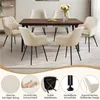 A dining set with chairs around a table, with feature callouts at the bottom. Produktbild-Vorschau