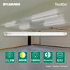 A fluorescent tube light in a garage or workshop setting, with promotional icons at the bottom. Produktbild-Vorschau