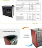 A collage of images showcasing a wood-burning stove, its technical specifications, and a close-up of its ceramic glass top. Náhled obrázku produktu