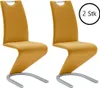 Two yellow dining chairs with chrome sled bases are shown against a white background.