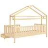 A wooden children's bed with a house-shaped frame and guardrails, shown from a side angle against a white background. Produktbild-Vorschau