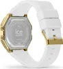 The back of a white and gold digital watch with a white silicone strap. Produktbild-Vorschau