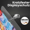 A close-up marketing image showing a screen protector with a key demonstrating its scratch resistance, and a logo for BRUNI Technology. Produktbild-Vorschau