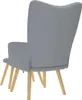 The back view of a grey fabric armchair with wooden legs. Náhľad obrázku produktu