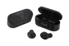 A pair of black wireless earphones and their charging case are displayed on a white background. Produktbild-Vorschau