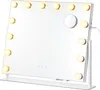A white makeup mirror with LED lights and a stand, shown from a slightly angled front view. Produktbild-Vorschau