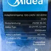 A close-up view of a product specification label on a blue and black background, featuring the Midea logo at the top. Produktbild-Vorschau