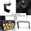 A collage of four images showing a black C-shaped side table in different settings, including holding a book and glass, holding a remote and phone, holding firewood, and a standalone view. Produktbild-Vorschau