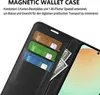 A black wallet case for a smartphone, showing credit cards and money inserted into the slots. Produktbild-Vorschau
