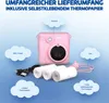 A pink LAMAX InstaKid1 camera with accessories laid out around it, with text labels in German. Anteprima dell’immagine prodotto