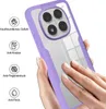A hand is shown touching the back of a clear phone case with a purple frame, highlighting its features. Produktbild-Vorschau