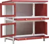 A two-tiered wooden hutch with red trim and white walls, featuring open doors and wire mesh windows. Produktbild-Vorschau