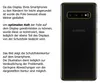 A black smartphone with a protective film outline shown from the back, next to descriptive text. Produktbild-Vorschau