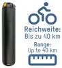 A black cylindrical e-bike battery is shown next to marketing text and icons indicating range. Produktbild-Vorschau
