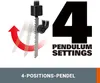 A close-up of a saw blade with an arrow indicating movement, next to the number 4 and text about pendulum settings. Podgląd zdjęcia produktu