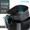 Close-up of an air fryer basket and part of the unit, with text overlays highlighting features. Produktbild-Vorschau