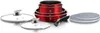 A set of red cookware with glass lids and a detachable handle, arranged on a white background. Podgląd zdjęcia produktu