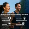 Two people are running outdoors, with text overlays describing scientific benefits. Produktbild-Vorschau