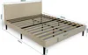 A beige upholstered bed frame with a headboard and wooden slats, shown with dimensions indicated by measurement lines. Voir les images du produit