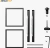 A product image showing components of a table frame, including two square frames, two vertical support beams with sliding rails, screws, adjustable feet, and an Allen key. Podgląd zdjęcia produktu