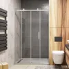 A modern bathroom with a sliding shower door, toilet, and wooden accent wall. Produktbild-Vorschau