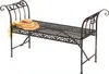 A metal garden bench with a straw hat and scarf on it, isolated on a white background. Produktbild-Vorschau