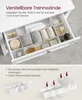 A drawer organizer with adjustable dividers, showing various bathroom items neatly arranged. Below, there are illustrations of the dividers themselves and how they can be assembled. Náhľad obrázku produktu
