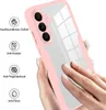 A hand is touching a pink and clear phone case, with icons and text describing its features. Produktbild-Vorschau