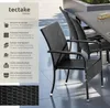 A close-up view of a black rattan chair with a table and other chairs in the background, accompanied by descriptive text about the product's features. Produktbild-Vorschau