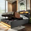 A modern bedroom with a bed that has storage and LED lighting. Produktbild-Vorschau