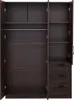 An open, empty dark wood wardrobe with multiple doors, shelves, a hanging rod, and drawers. Produktbild-Vorschau