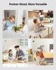 Collage of four images showing ZOSI indoor security cameras in various home settings with children and pets. Produktbild-Vorschau