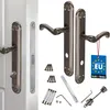 A set of door handles and related hardware, including screws and an Allen key, displayed against a white background. A "Made in EU" tag is attached to one of the handles. Podgląd zdjęcia produktu